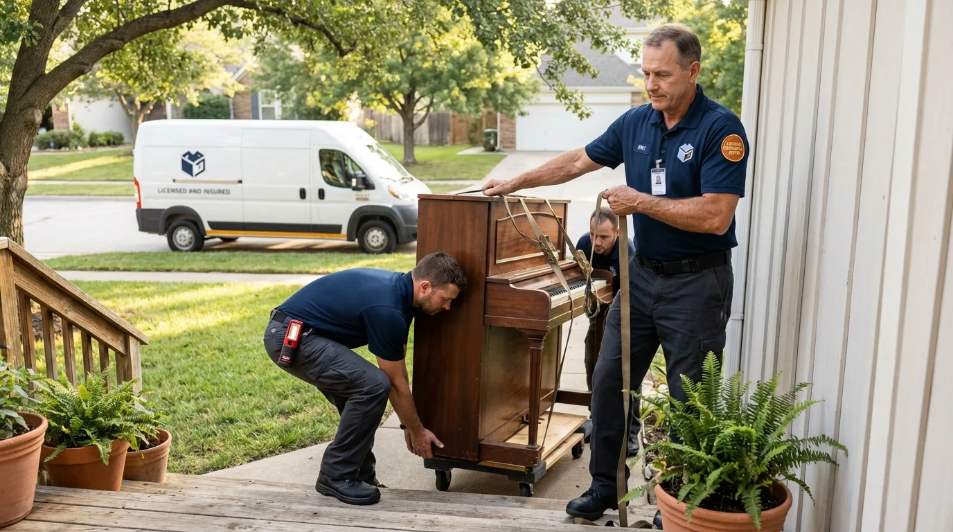 Licensed piano movers securing grand piano in Iva, SC