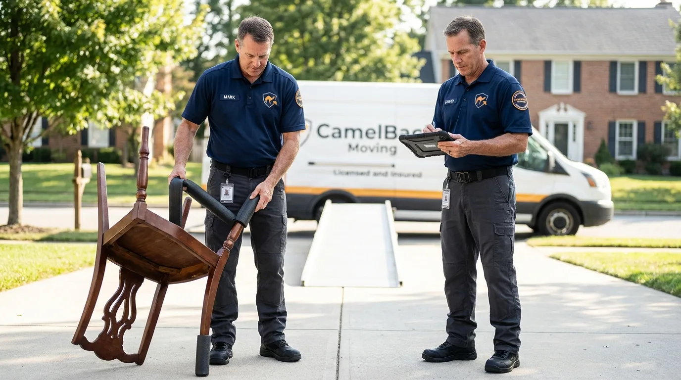 Movers inspecting furniture for damage prevention before loading in Iva, SC