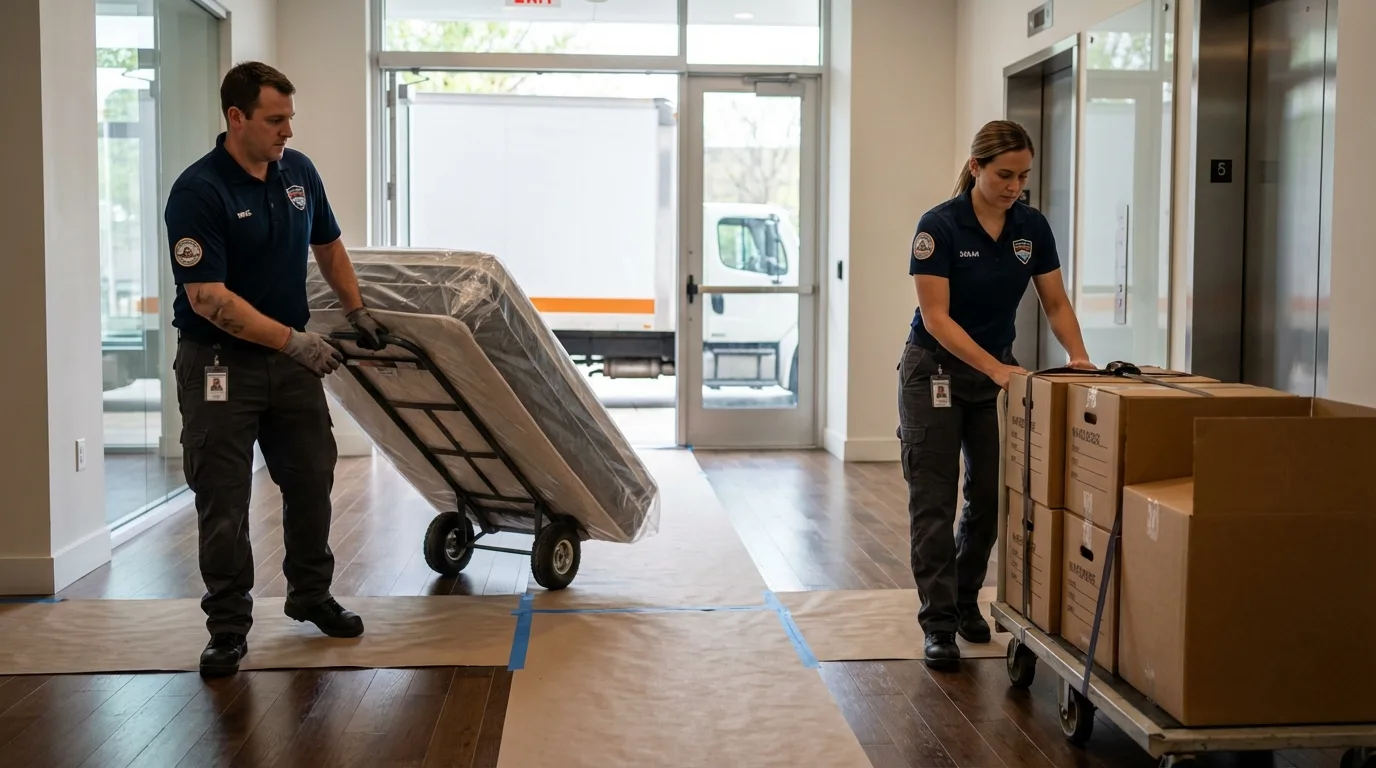 Professional apartment movers loading elevator in Iva, SC